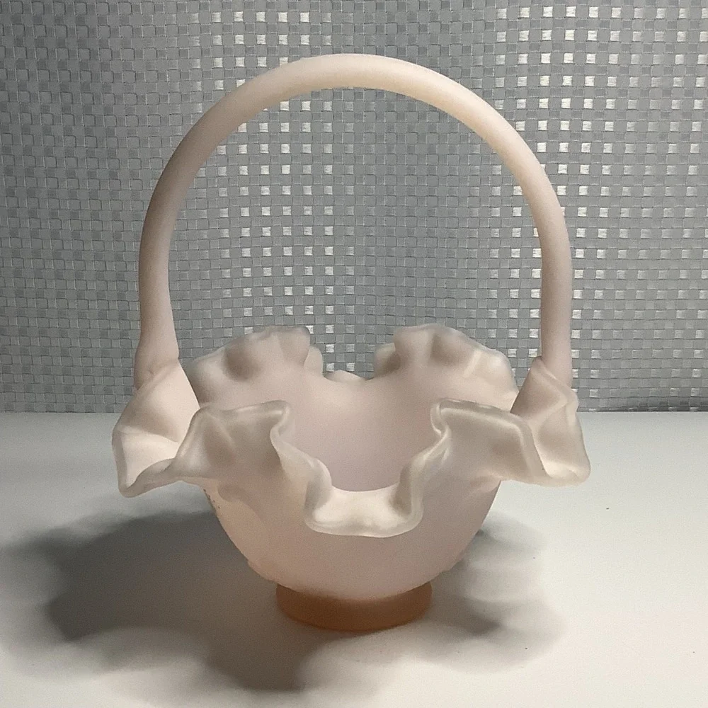 Fenton Pink Satin Glass Basket Ruffle Hearts & Flowers Hand Painted w/ Signature